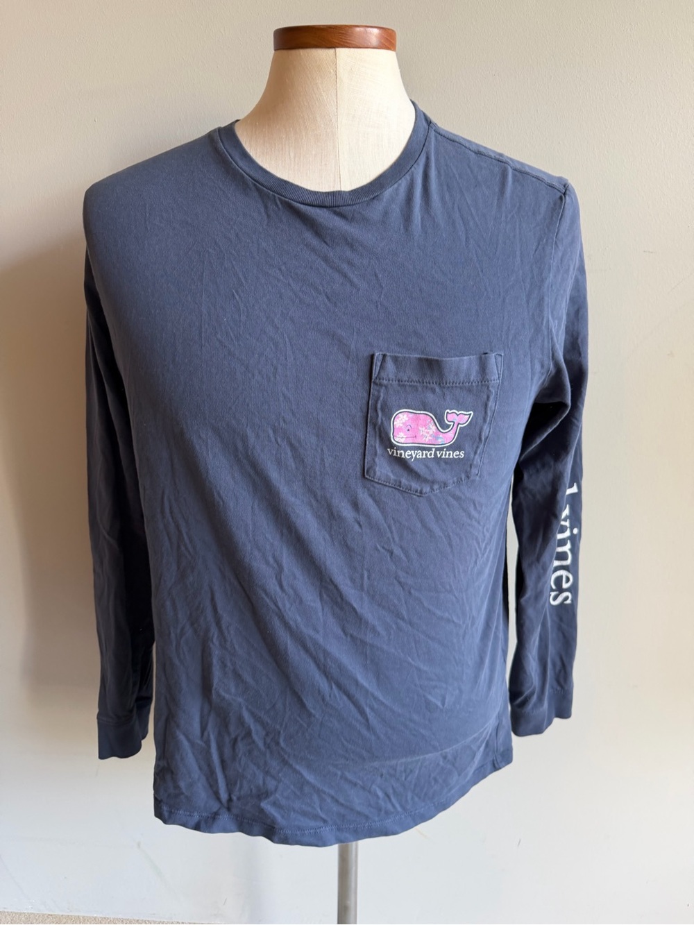 Vineyard Vines Navy Long Sleeve Pocket Tee with Pink Whale Patch